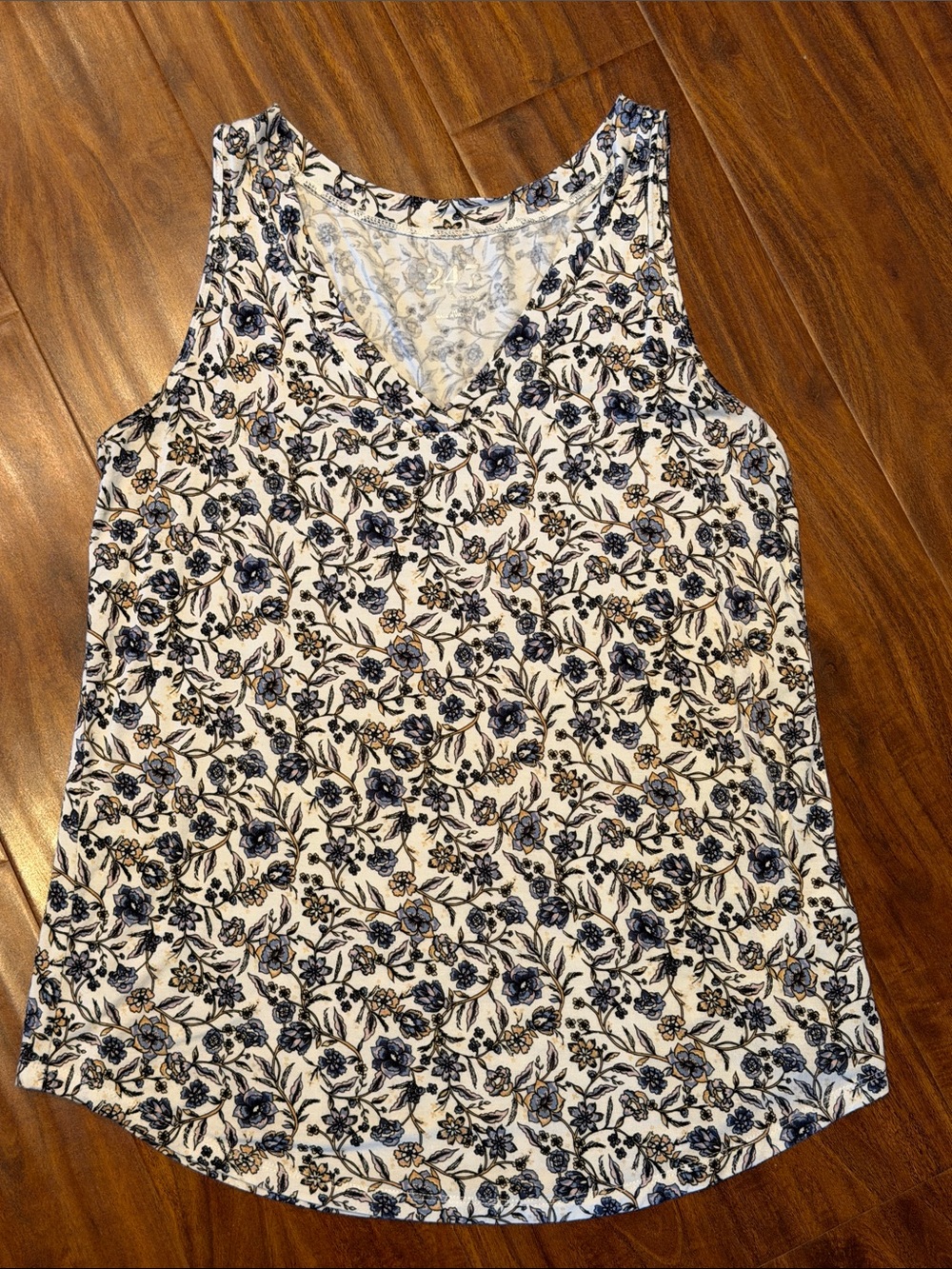 Floral V-Neck Tank Top - Blue on White